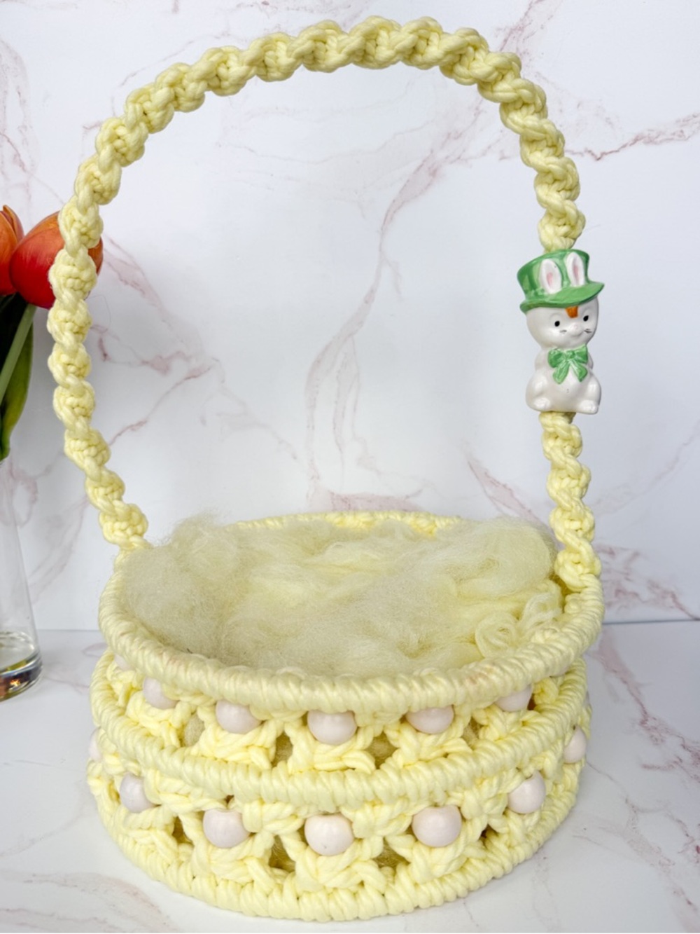 💛Vintage Handmade Boho Bunny Macrame Beaded Basket